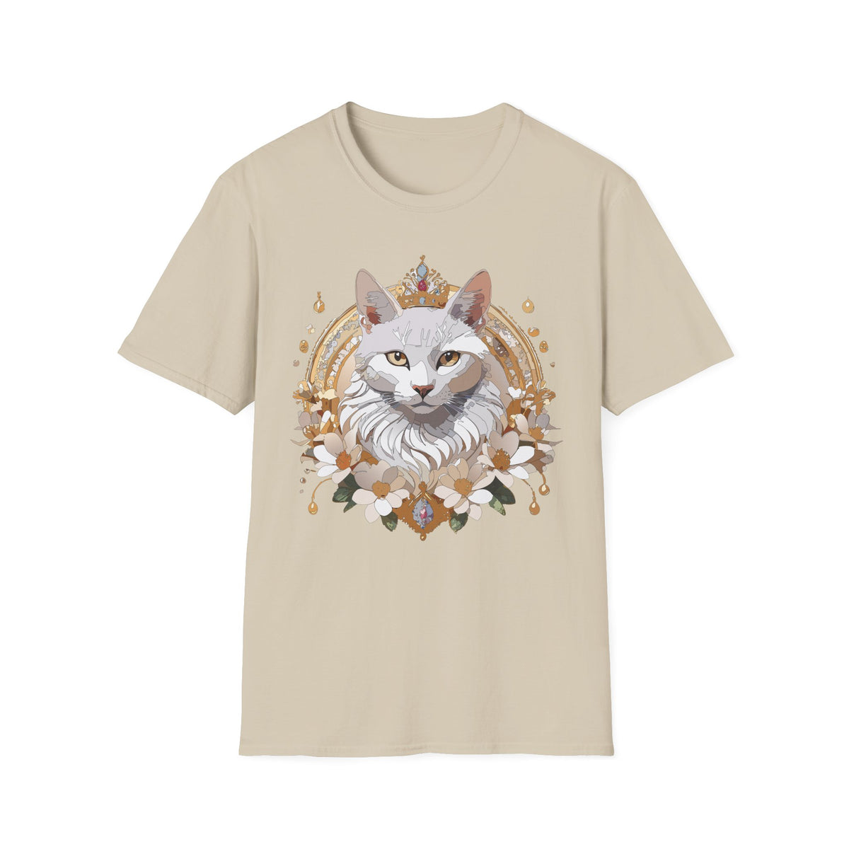 Regal White Cat Illustration T-Shirt | Crowned Feline Art
