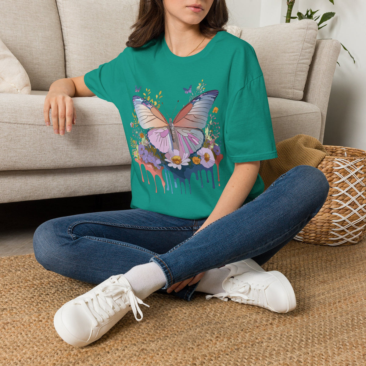 Butterfly Floral T-Shirt — Pastel Watercolor Wings with Drip Art Graphic Tee Unisex 100 Cotton Gildan T-Shirt