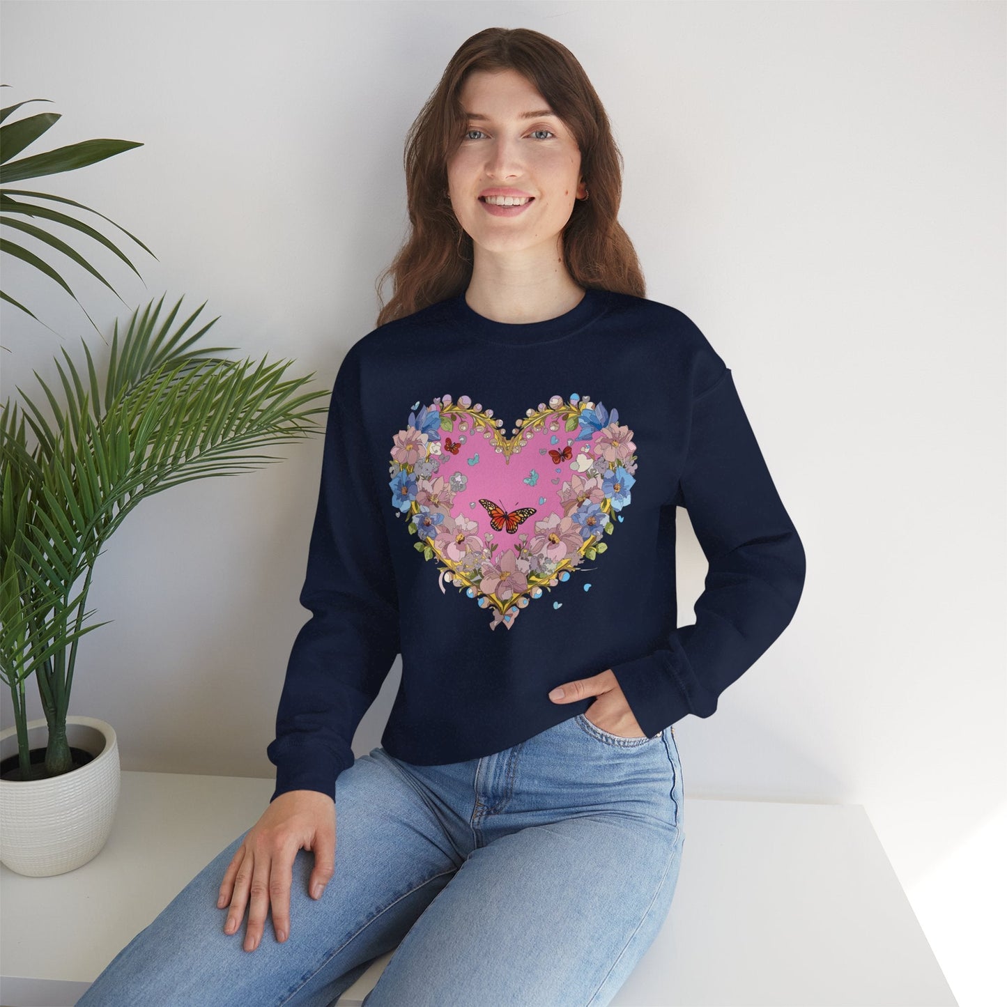 Floral Heart Sweatshirt Unisex Crewneck Gildan 18000 Fifty Fifty Cotton Polyester Valentine's Day