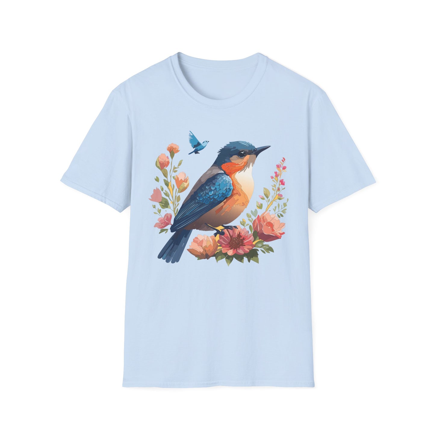 Bluebird Floral T-Shirt Colorful Bird Flowers Tee Unisex Cotton Short Sleeves Tee Shirt with Bird 9