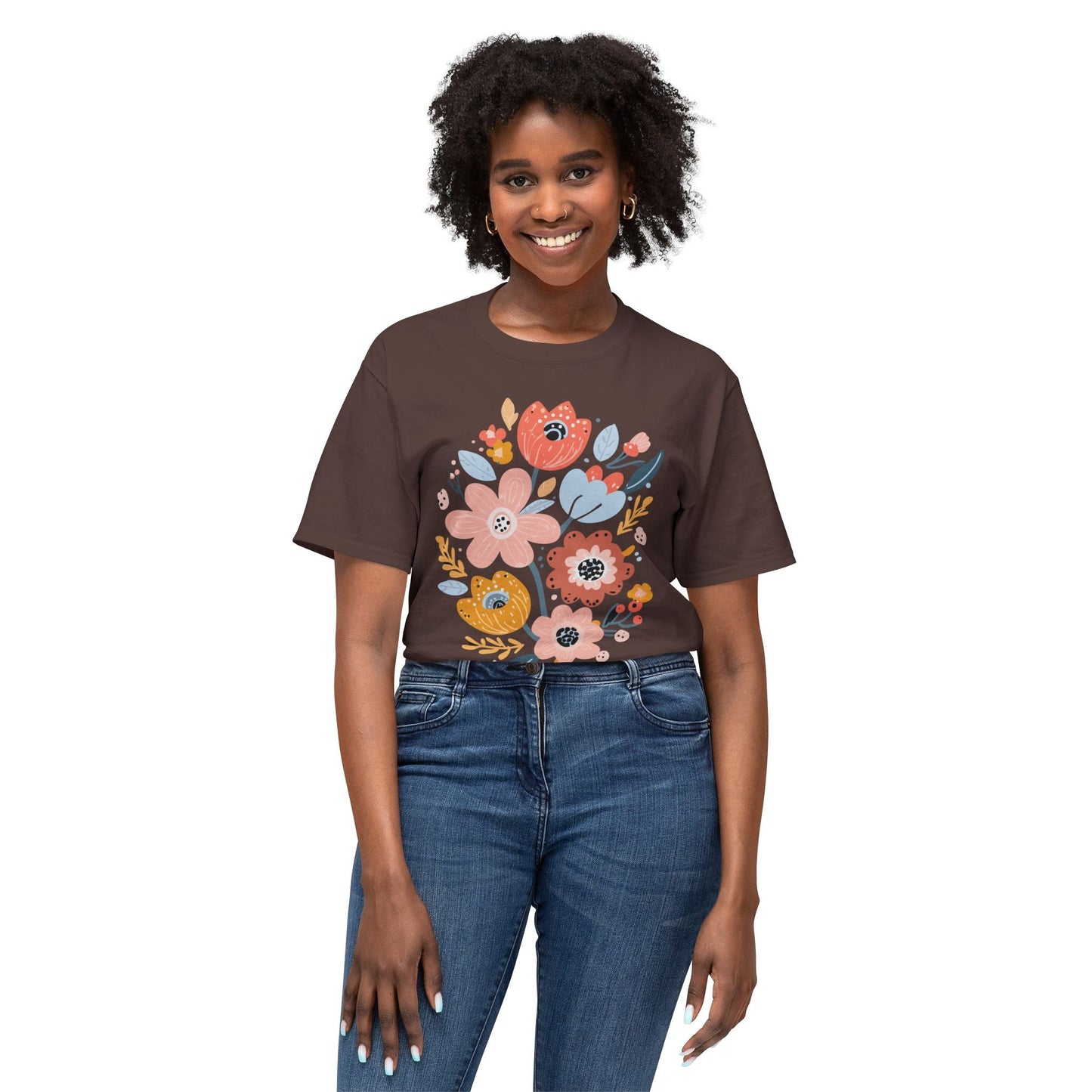 Unisex Floral Art T Shirt with Vintage Flowers Print One Hundred Percent Cotton Tee Printed In USA
