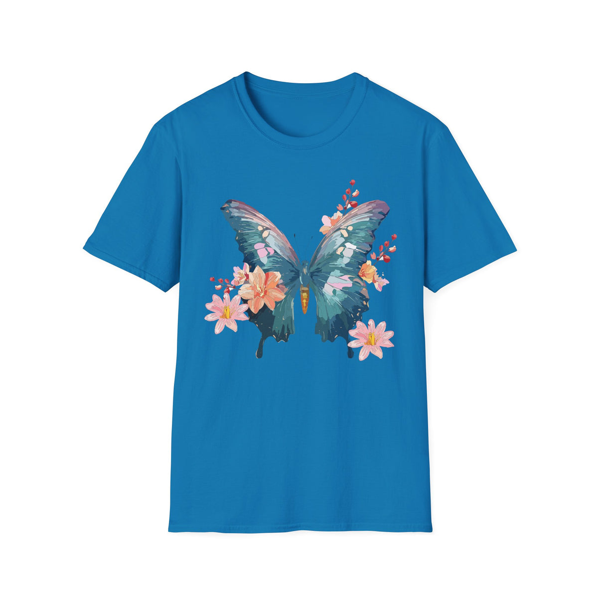 Watercolor Blue Butterfly T-Shirt | Floral Accent Graphic Tee Unisex 100 Cotton Gildan T-Shirt