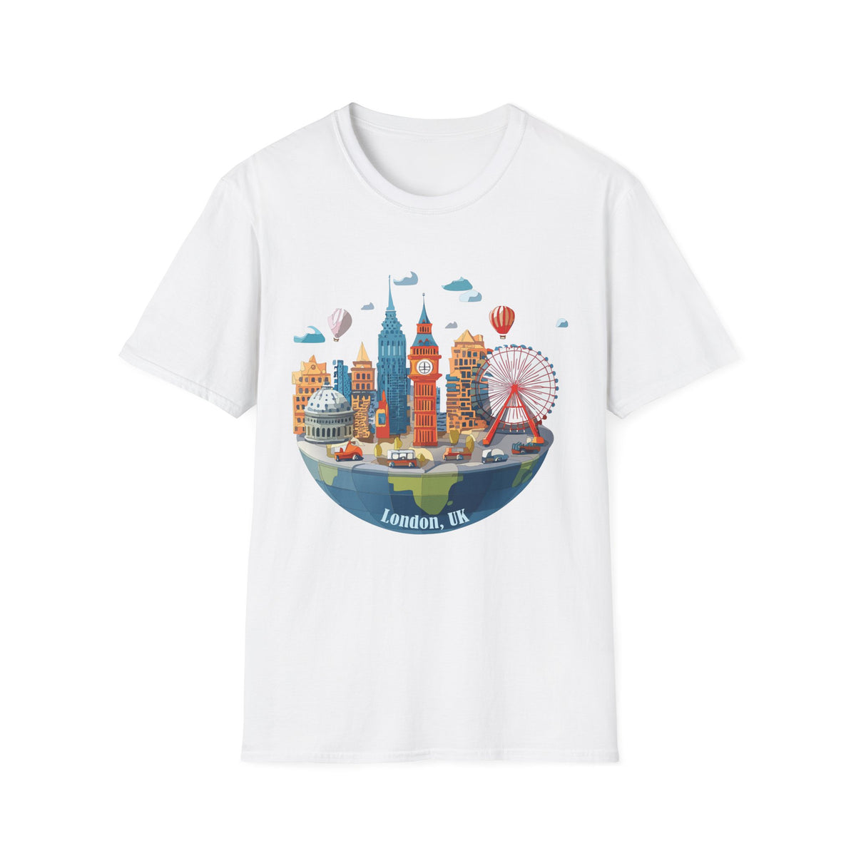 London Skyline Illustration T-Shirt | Big Ben, London Eye, Hot Air Balloons