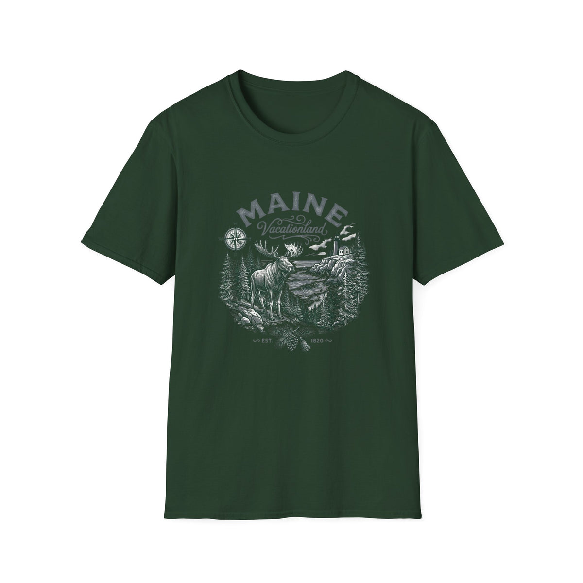 Maine Wilderness Moose Graphic T-Shirt — Vintage State Nature Travel Tourist Graphic Design Unisex 100 Cotton Gildan T-Shirt