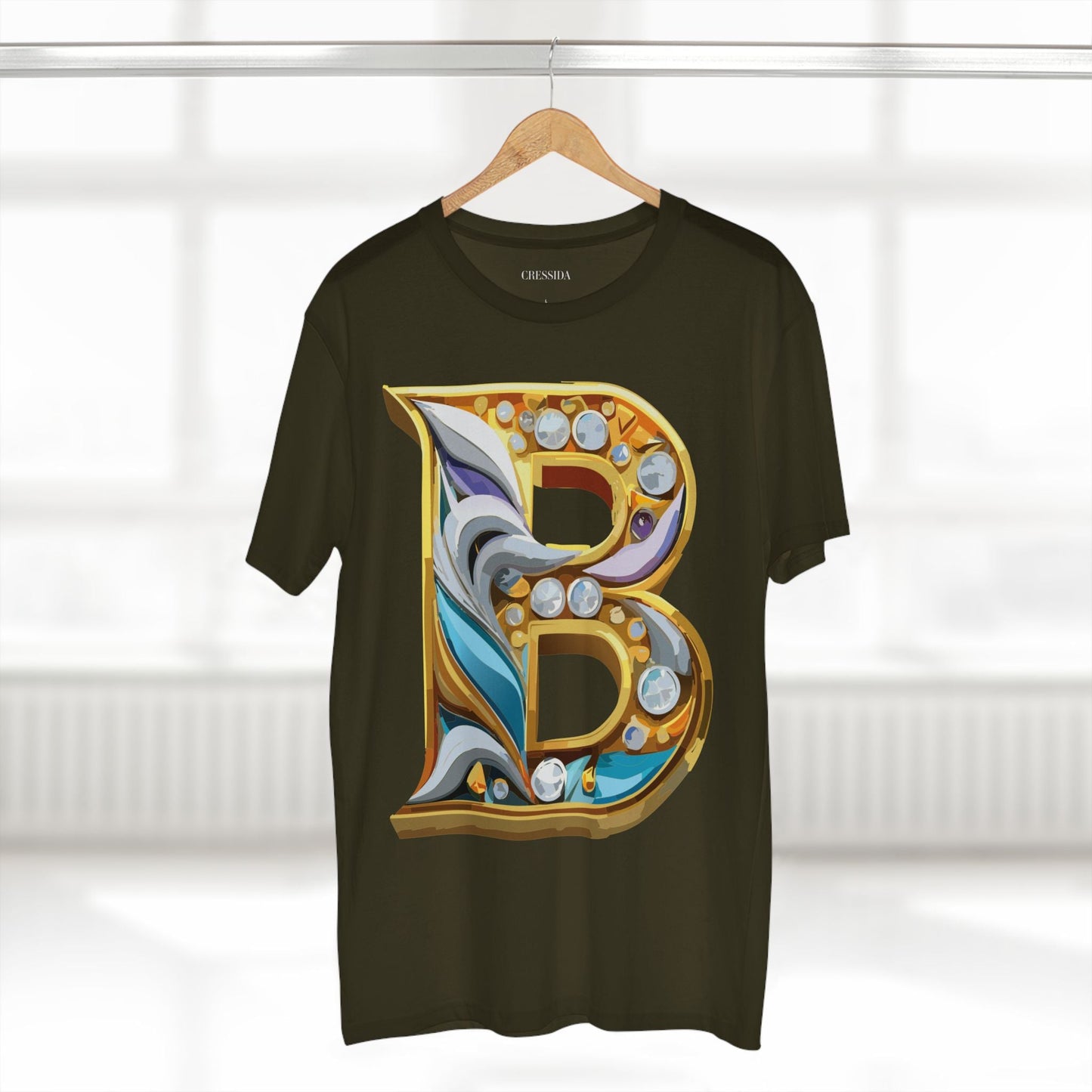 Letter B Graphic Design Tee Unisex 100 Cotton With Antique Gold Letters Artwork T-Shirt