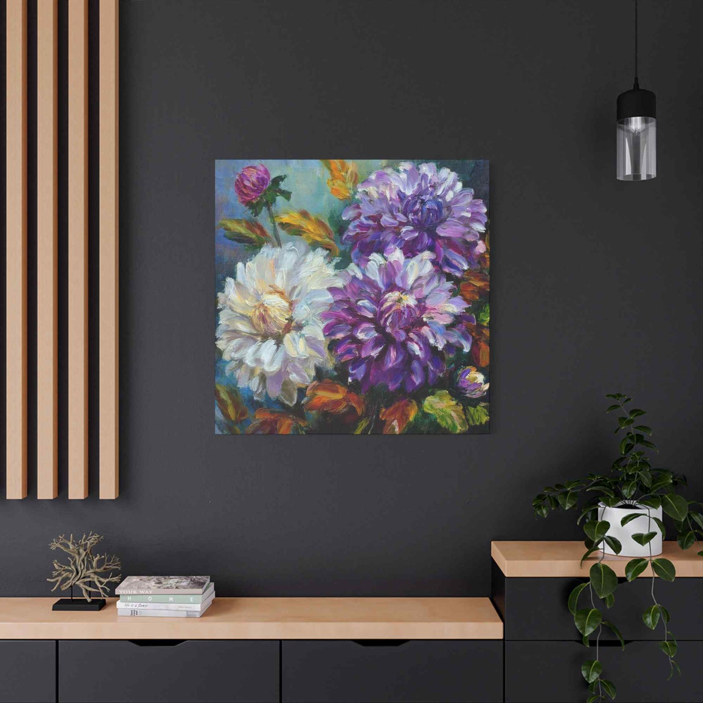 Dahlias Floral Print Canvas, Floral Oil Paint Print 20x20, 24x24, 30x30, 32x32, 36x36 Art Design Pine-Wood Inner Frame MC-173