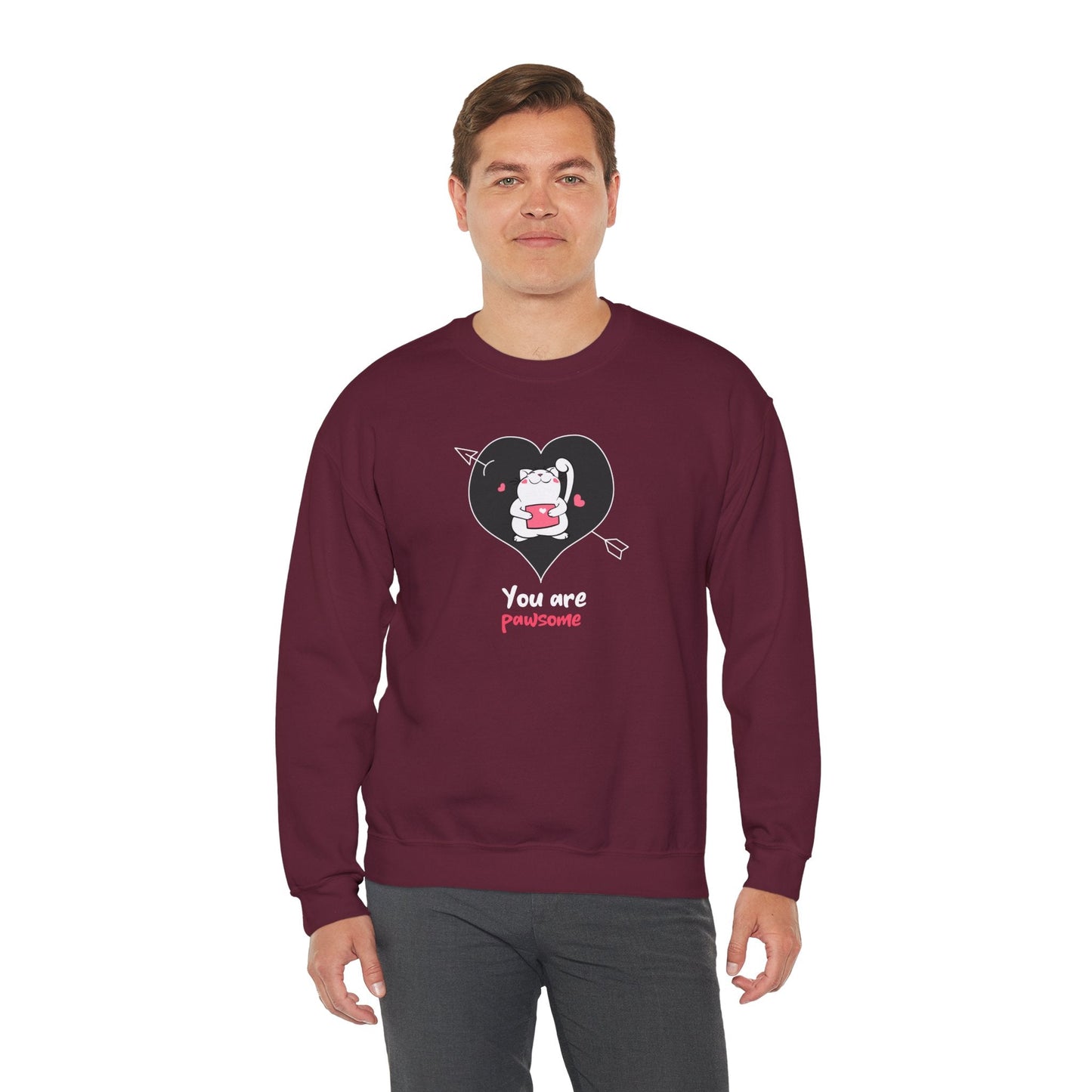 Cat Heart Sweatshirt Unisex Valentines Day Fifty Fifty Cotton Poly Crewneck Gildan 18000