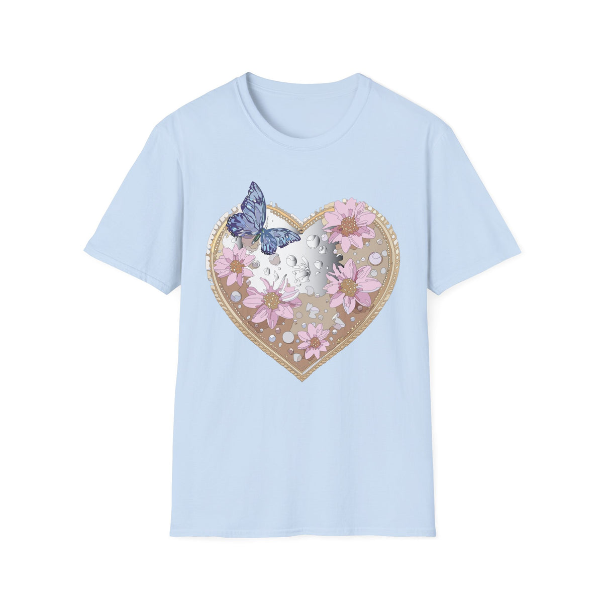 Floral Heart with Butterfly T-Shirt | Pink Flowers, Moon Phases Graphic Tee Unisex 100 Cotton Gildan T-Shirt