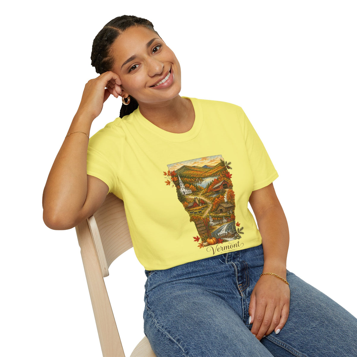 Vermont Fall Scenic T‑Shirt — Autumn Maple Leaves Landscape Travel Tourist Graphic Design Unisex 100 Cotton Gildan T-Shirt