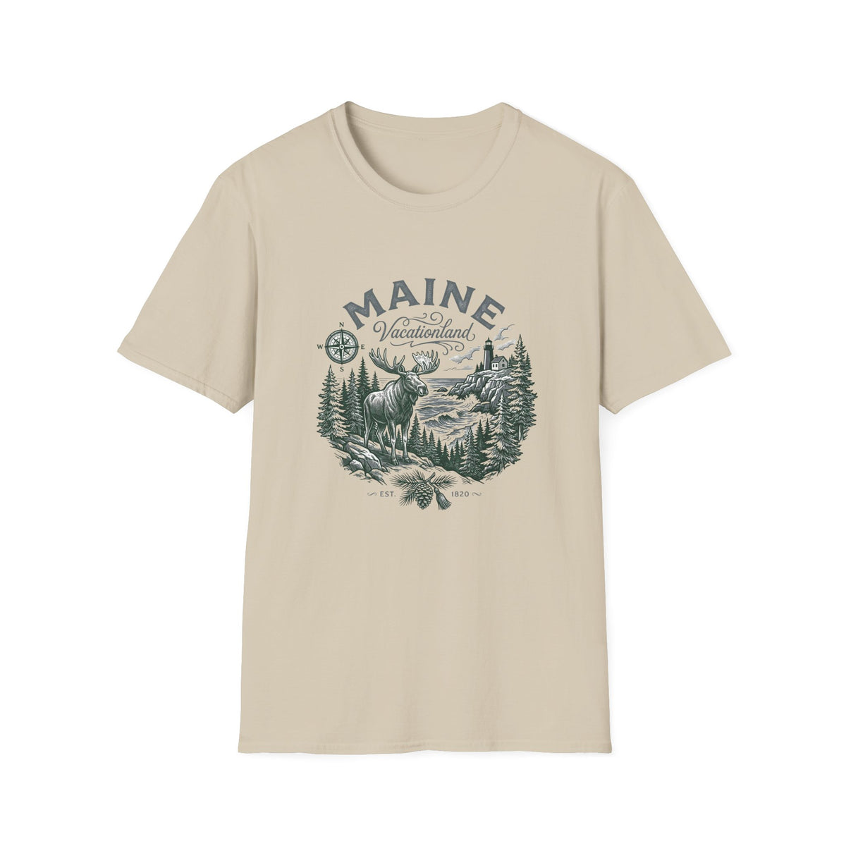 Maine Wilderness Moose Graphic T-Shirt — Vintage State Nature Travel Tourist Graphic Design Unisex 100 Cotton Gildan T-Shirt