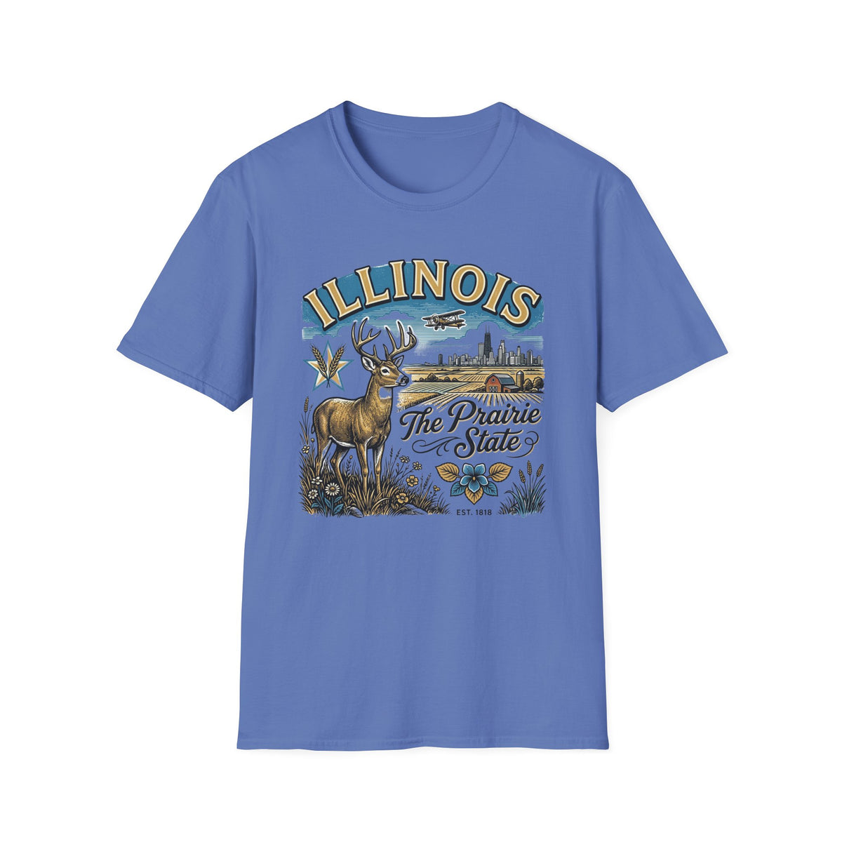 Illinois The Prairie State T-Shirt — Deer & Skyline Vintage Travel Tourist Graphic Tee Unisex 100 Cotton Gildan T-Shirt