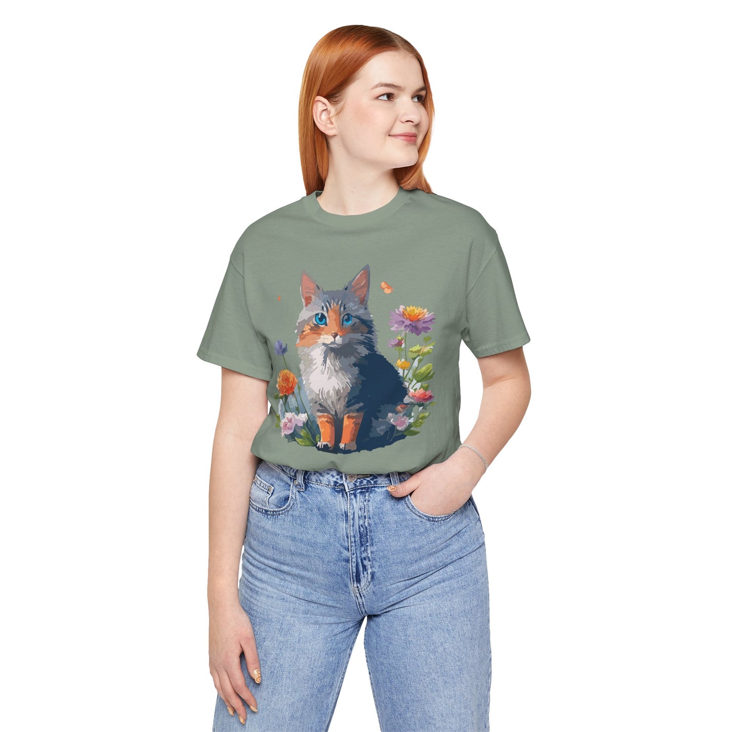 Floral Cat Tee, Animal Shirt, Cat Shirt, Floral Tee, Flower T-shirt, T-Shirt with Animal, Summer Top with Art Design
