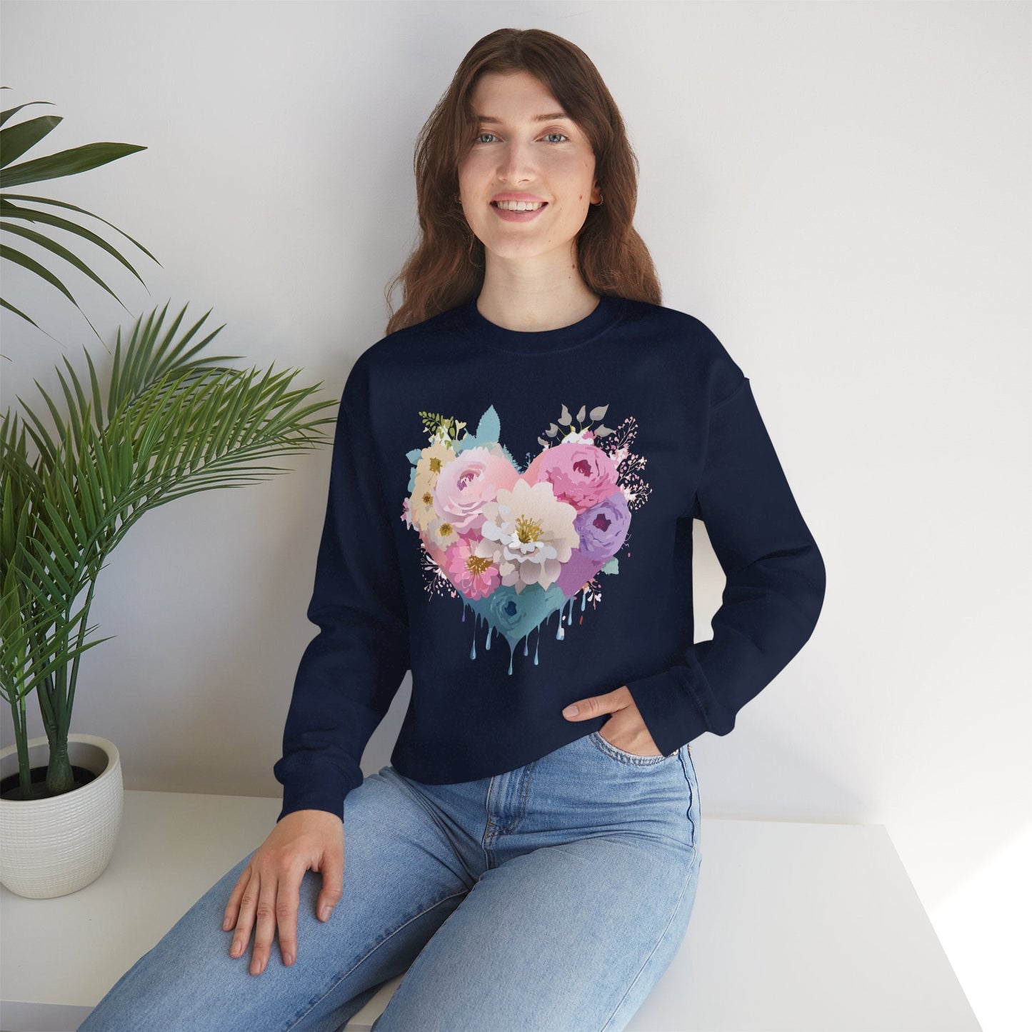 Floral Heart Unisex Crewneck Sweatshirt With Floral Love Valentines Day Design Premium Heavy Blend