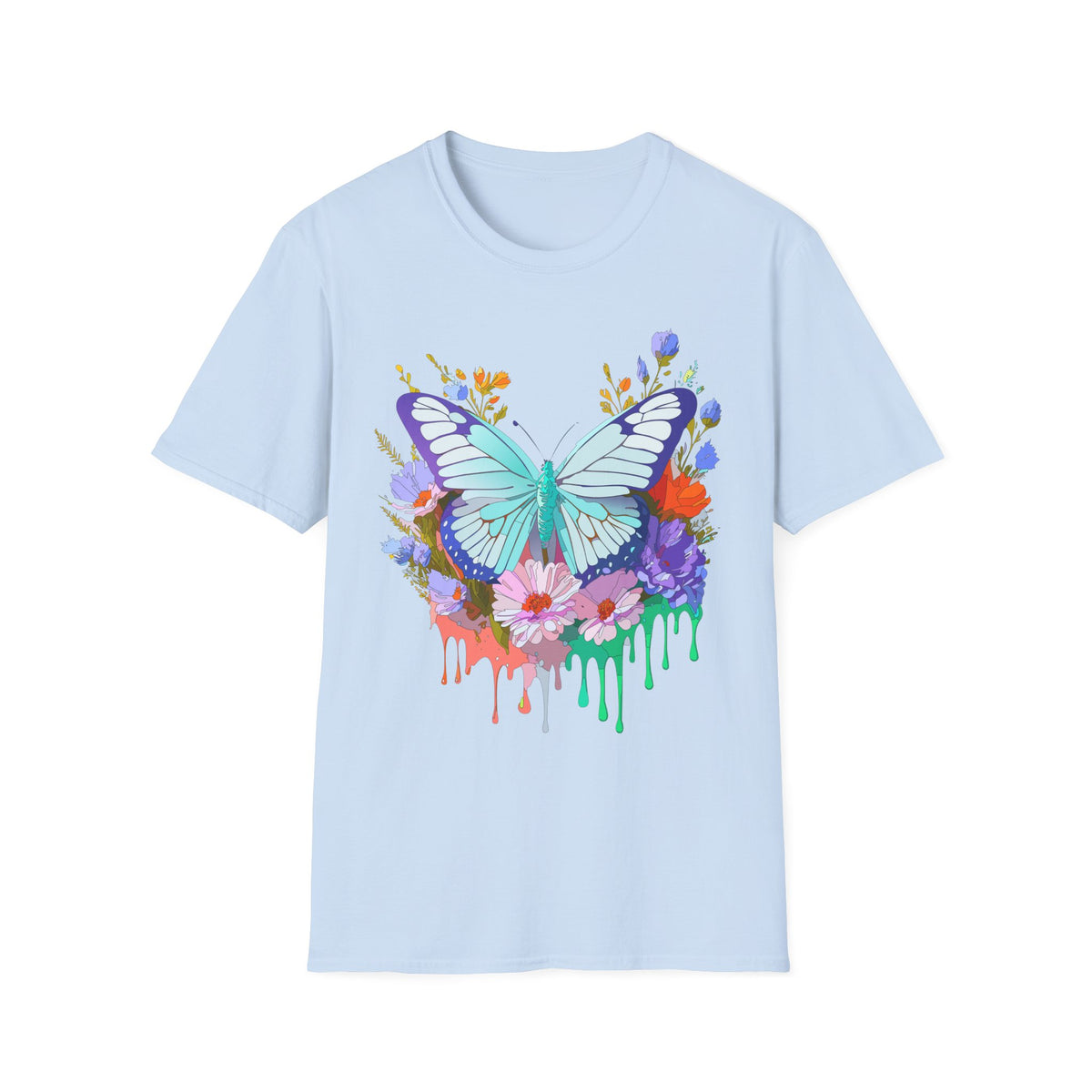 Butterfly Floral Drip T-Shirt — Teal Butterfly with Watercolor Flowers Graphic Tee Unisex 100 Cotton Gildan T-Shirt