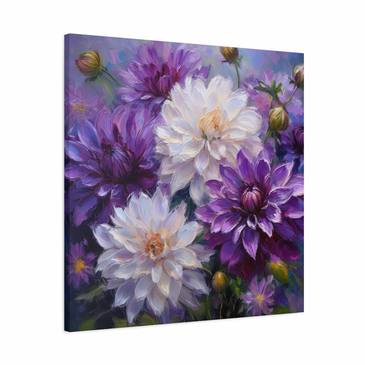 Dahlias Floral Print Canvas, Floral Oil Paint Print 20x20, 24x24, 30x30, 32x32, 36x36 Art Design Pine-Wood Inner Frame MC-171