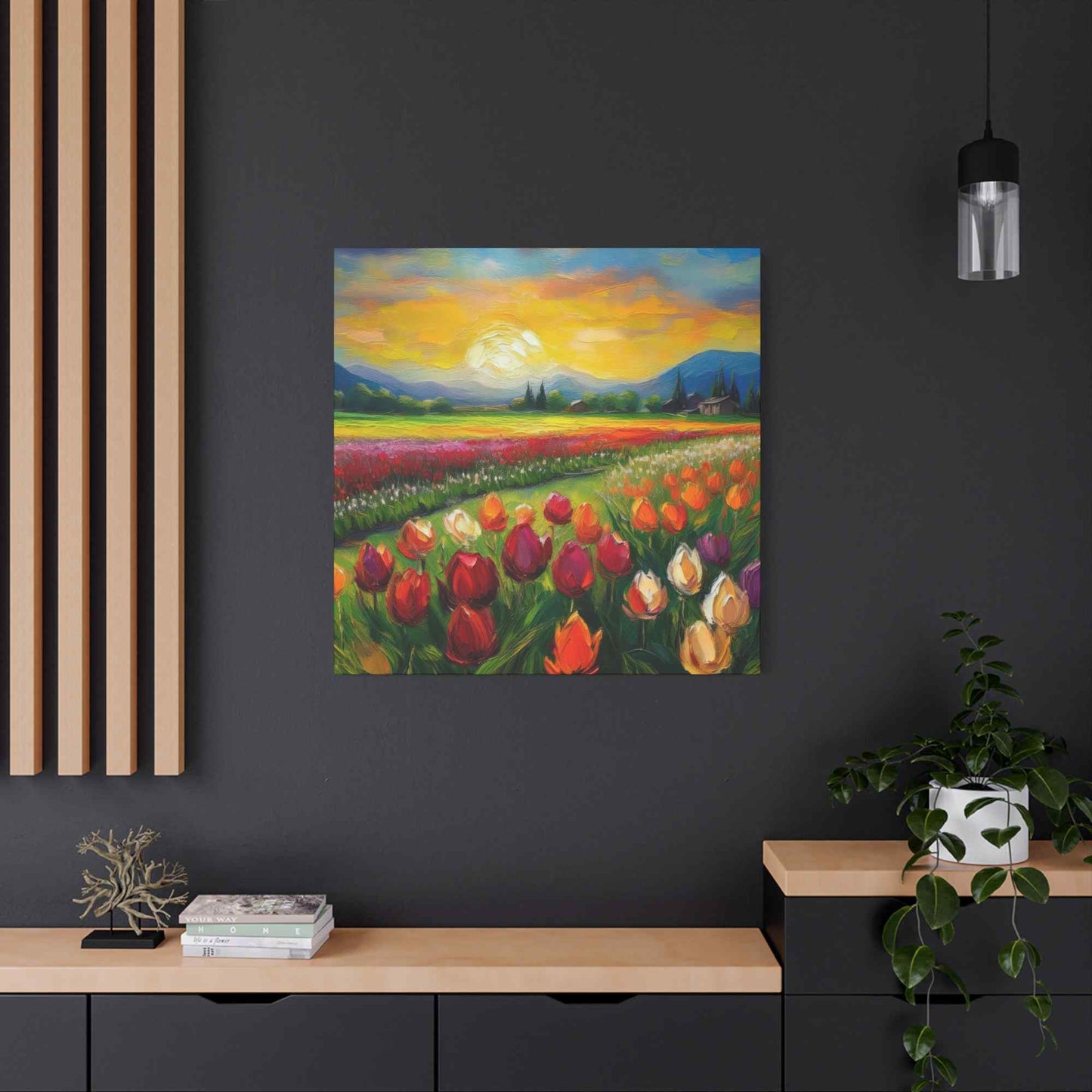 Tulips Fields Print Canvas, Floral Oil Paint Print 20x20, 24x24, 30x30, 32x32, 36x36 Art Design Pine-Wood Inner Frame MC-149