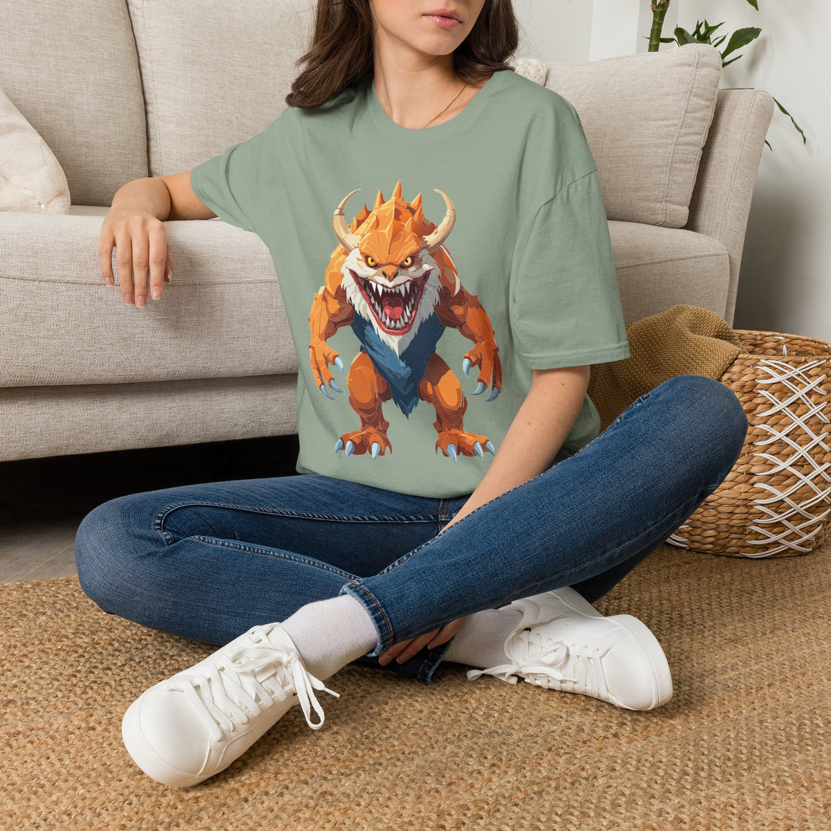 Monster Graphic T-Shirt — Fierce Orange Demon Creature Cartoon Graphic Tee Unisex 100 Cotton Gildan T-Shirt