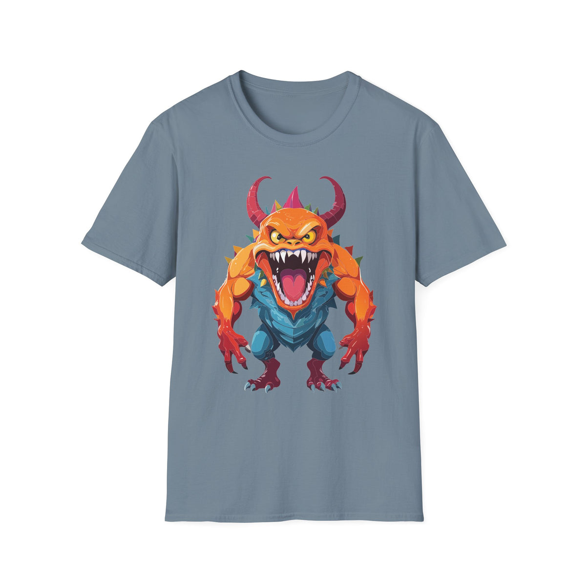 Monster Graphic T-Shirt — Fierce Orange Demon Design Cartoon Graphic Tee Unisex 100 Cotton Gildan T-Shirt