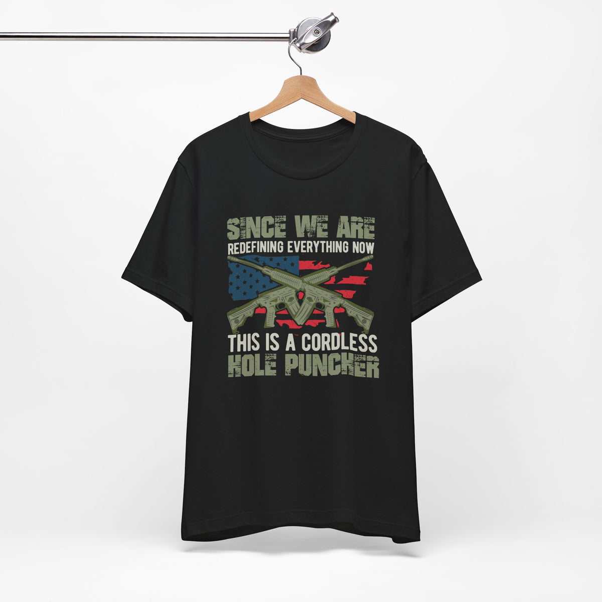 Cordless Kole Puncher graphic Tee Rifle Flag Design, Patriotic Military Theme Unisex Cotton v14