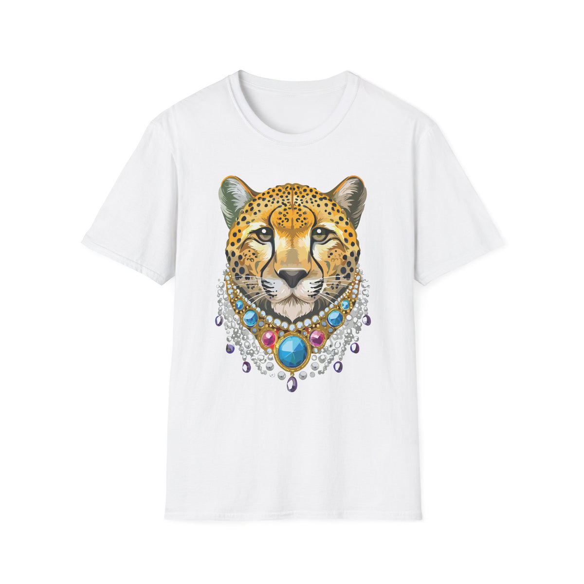 Leopard Portrait T-Shirt | Detailed Cheetah Face with Gem Necklace