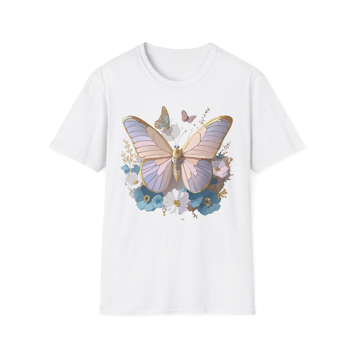 Butterfly Floral T-Shirt — Pastel Moth & Wildflower Graphic Design Unisex 100 Cotton Gildan T-Shirt