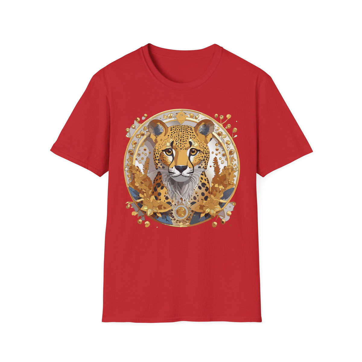 Golden Cheetah Face T-Shirt | Floral Accent, Boho Circle Design