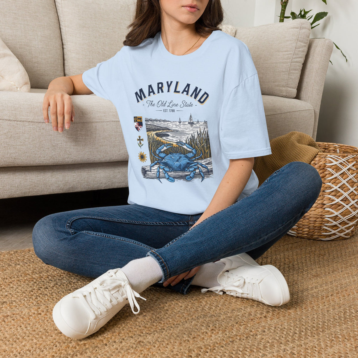Maryland Blue Crab Scenic T-Shirt — The Old Line State Coastal Design Travel Tourist Graphic Design Unisex 100 Cotton Gildan T-Shirt