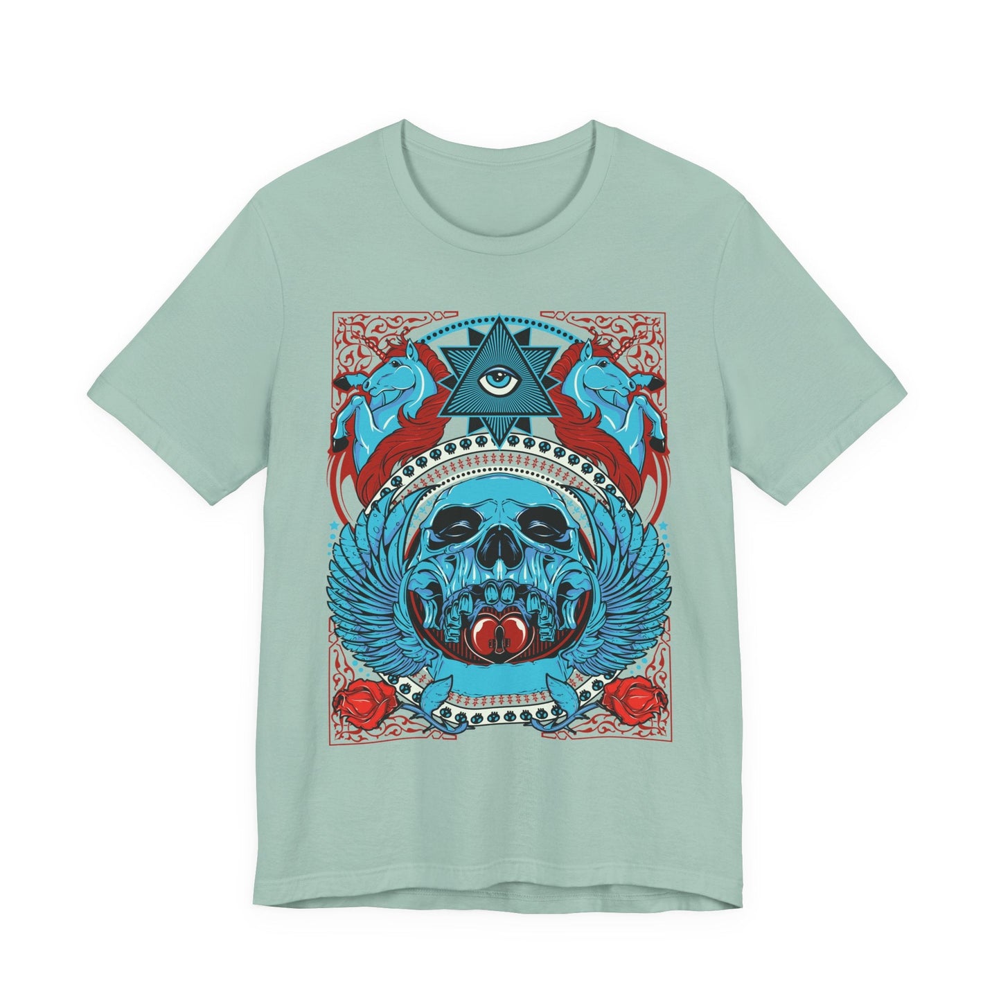 All-Seeing Skull Illustration Tee Winged Skull Third Eye Roses T-Shirt