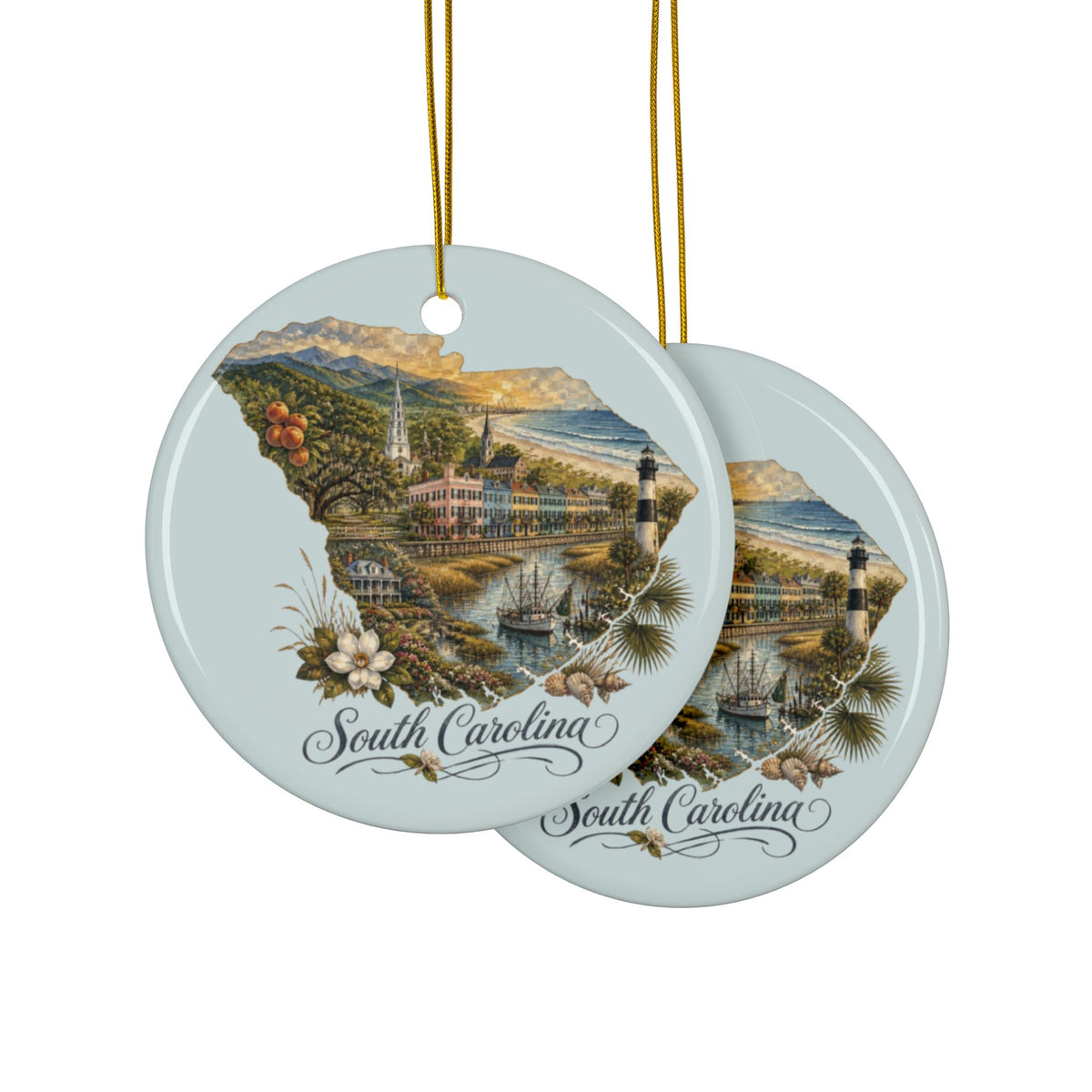South Carolina State Map Ornament Ceramic Ornament | Two-Sided Printed State Souvenir - 2.99" Includes Gold String
