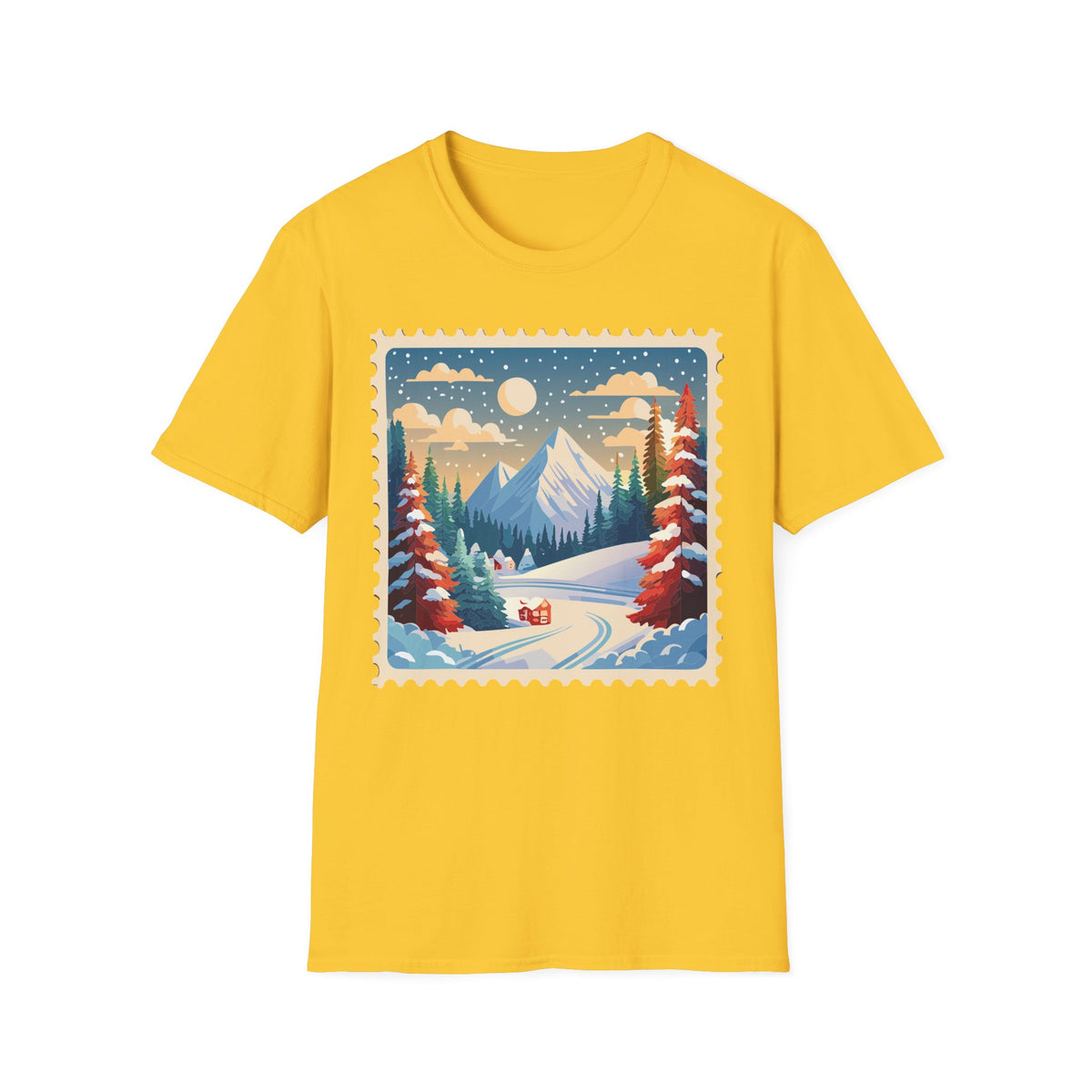 Vintage Winter Mountain Scene T-Shirt | Snowy Peaks Forest Illustration