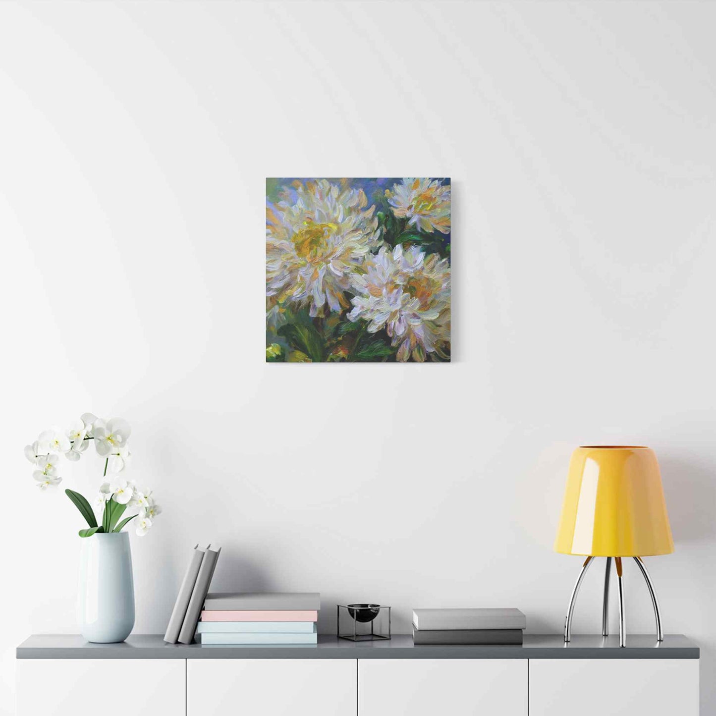 Chrysanthemums Print Canvas, Floral Oil Paint Print 20x20, 24x24, 30x30, 32x32, 36x36 Art Design Pine-Wood Inner Frame MC-160