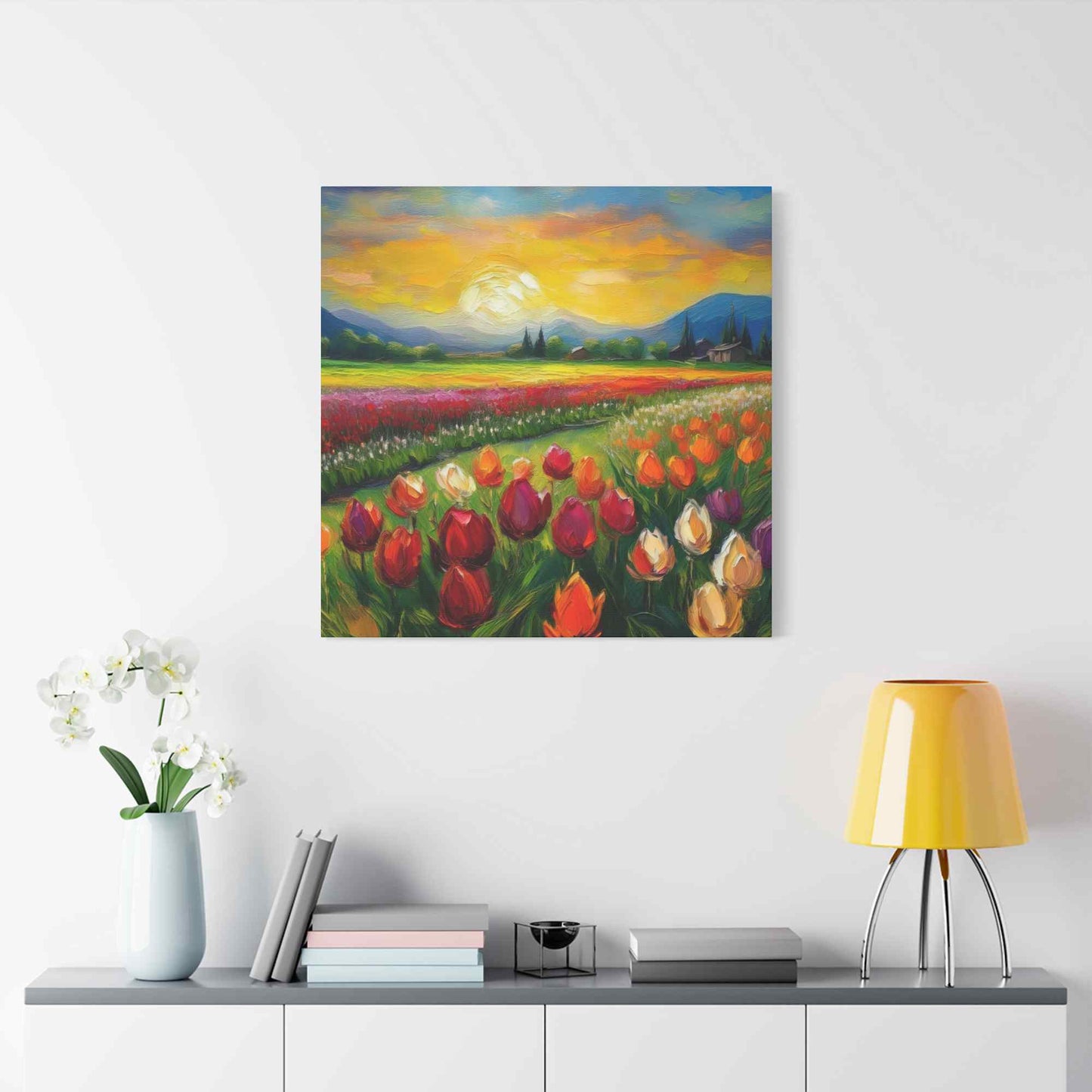 Tulips Fields Print Canvas, Floral Oil Paint Print 20x20, 24x24, 30x30, 32x32, 36x36 Art Design Pine-Wood Inner Frame MC-149