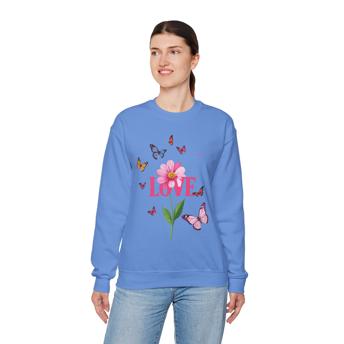 Unisex Floral Love Sweatshirt, Love Floral Sweatshirt, Floral Butterfly Sweatshirt, 50/50 Cotton-Poly Valentine's Day Sweatshirt 01