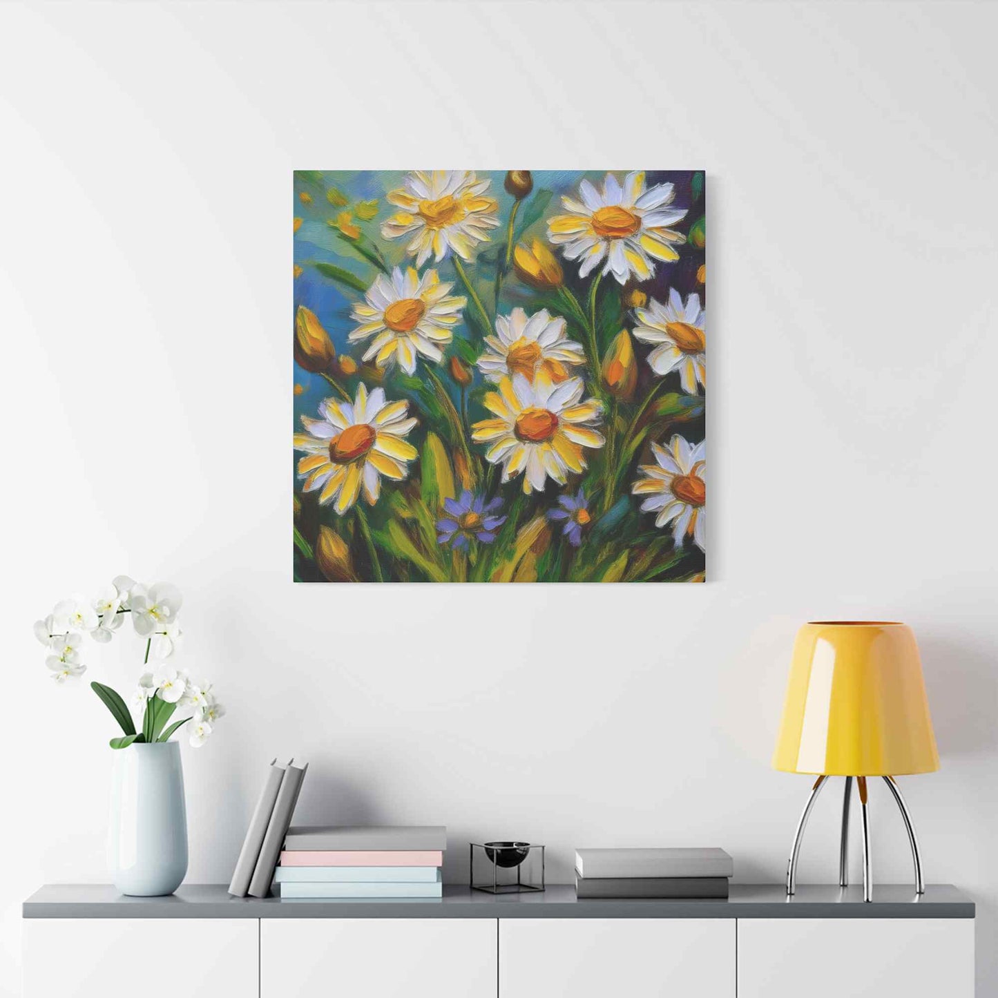 White Daisies Print Canvas, Floral Oil Paint Print 20x20, 24x24, 30x30, 32x32, 36x36 Art Design Pine-Wood Inner Frame MC-127