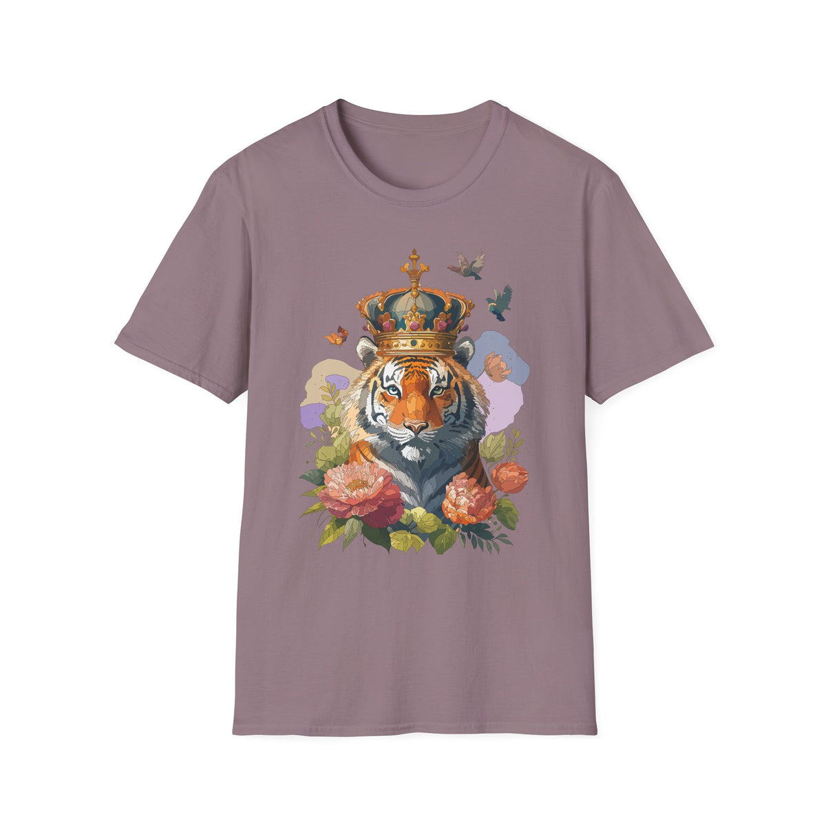 Crowned Tiger Illustration T-Shirt | Floral, Birds, Regal Wildlife Art - Unisex 100 Cotton Gildan 64000