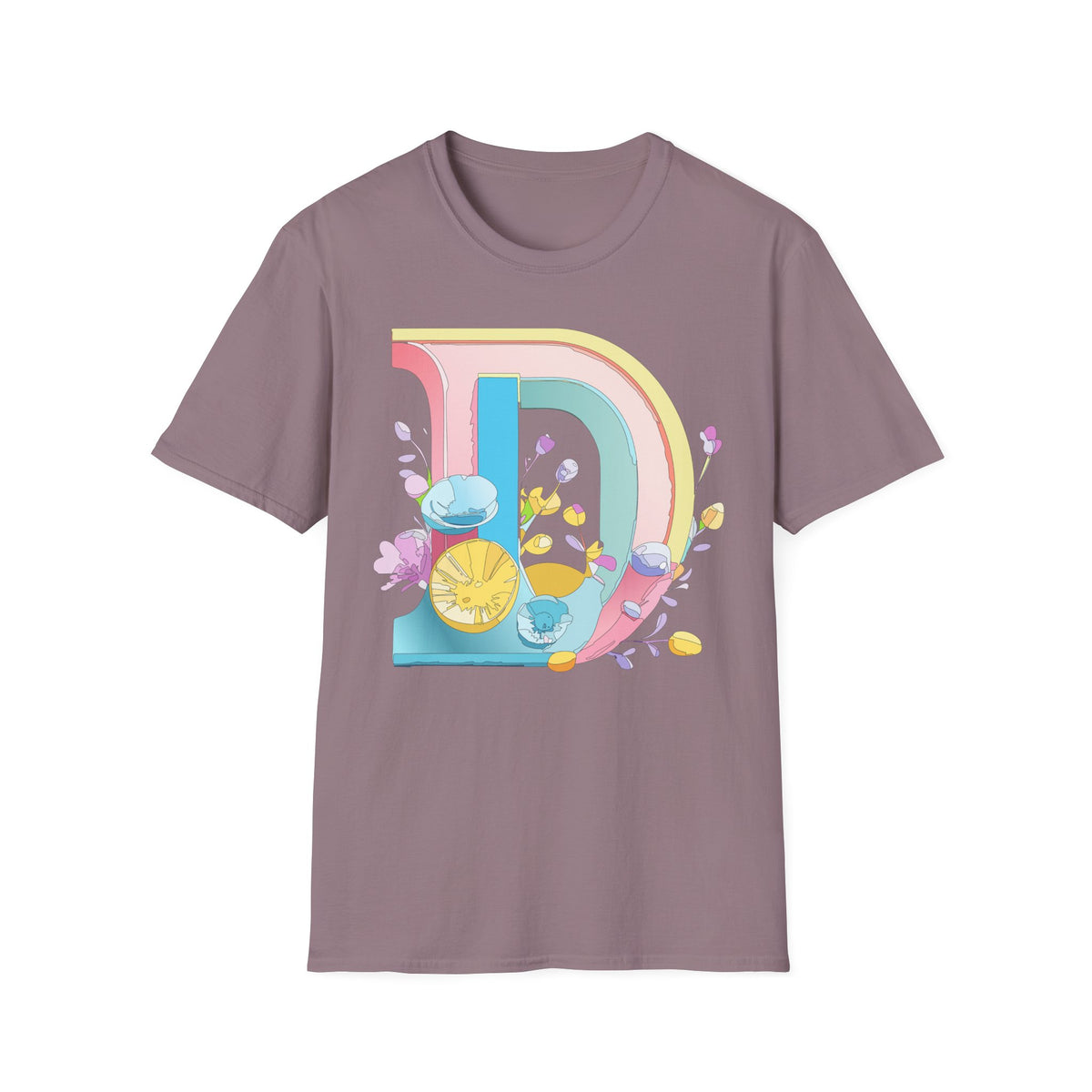 Retro Rainbow Letter D T-Shirt | Floral Lemon Initial Graphic