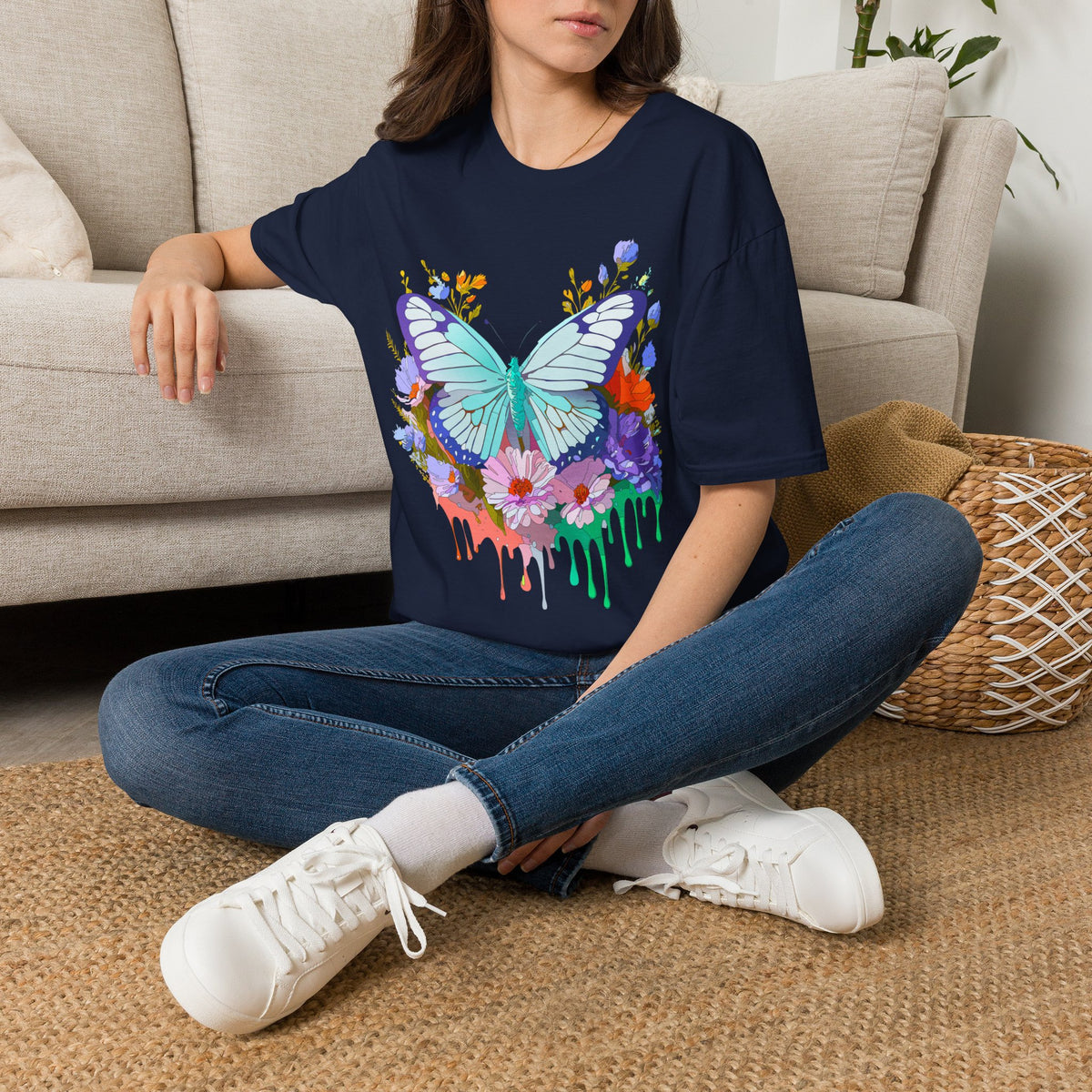 Butterfly Floral Drip T-Shirt — Teal Butterfly with Watercolor Flowers Graphic Tee Unisex 100 Cotton Gildan T-Shirt