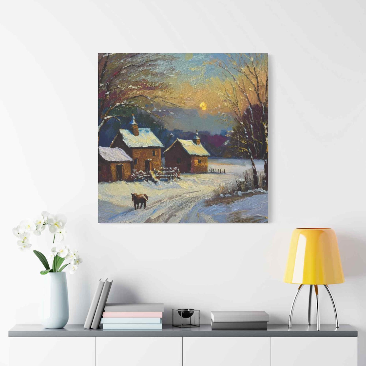 Countryside Winter Print Canvas, Oil Paint Print 20x20, 24x24, 30x30, 32x32, 36x36 Art Design Pine-Wood Inner Frame MC-111