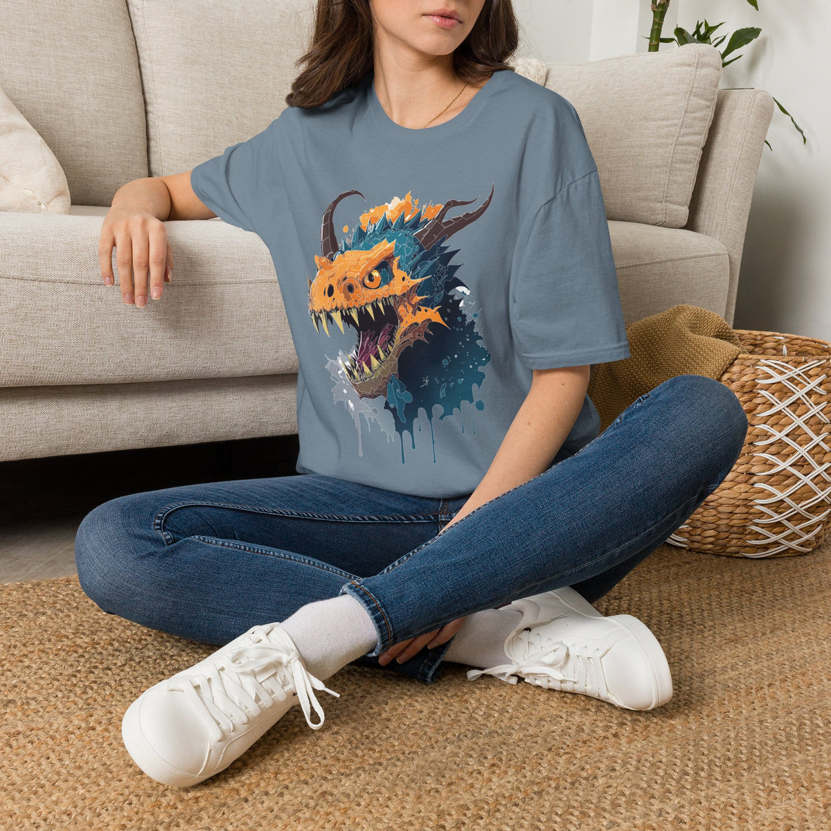 Dragon Head Graphic T-Shirt — Fiery Monster Art Cartoon Graphic Tee Unisex 100 Cotton Gildan T-Shirt
