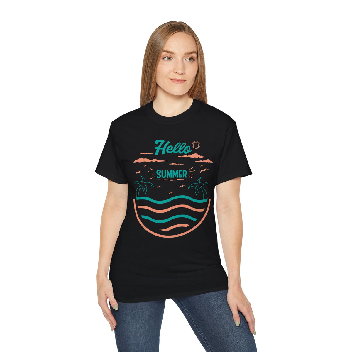 Hello Summer Beach Waves T-Shirt | Palm Tree Sunset Tee