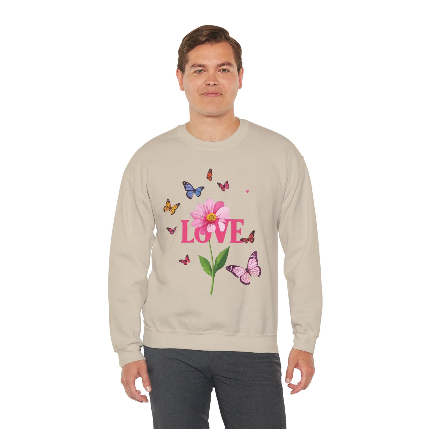 Unisex Floral Love Sweatshirt, Love Floral Sweatshirt, Floral Butterfly Sweatshirt, 50/50 Cotton-Poly Valentine's Day Sweatshirt 01