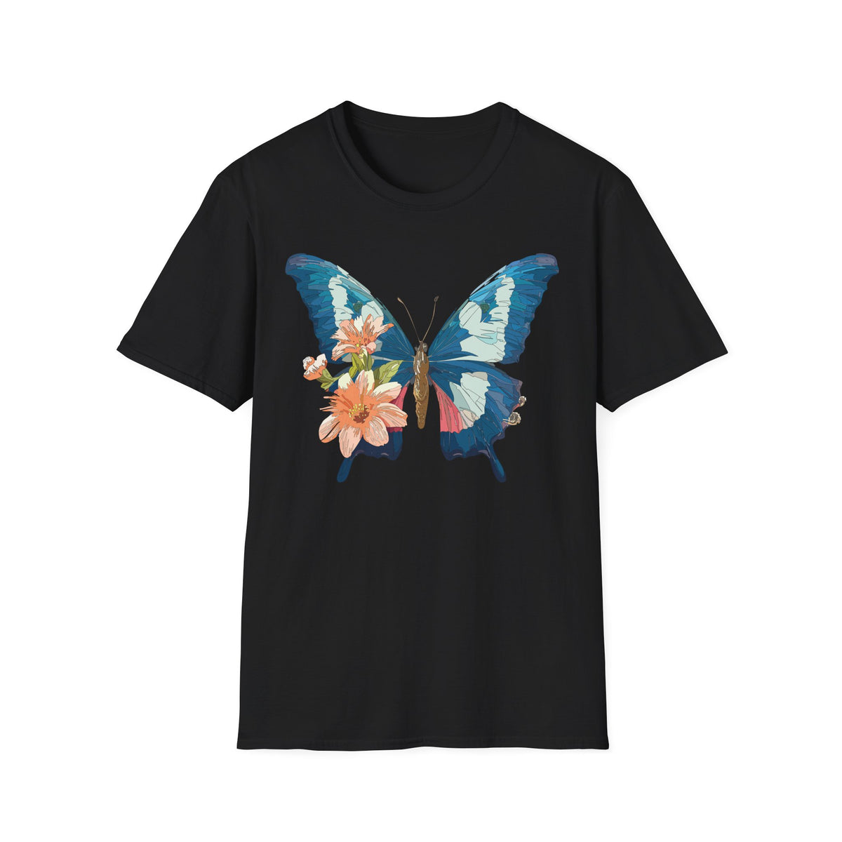 Blue Butterfly Floral Print T-Shirt | Botanical Wings Graphic Tee Unisex 100 Cotton Gildan T-Shirt