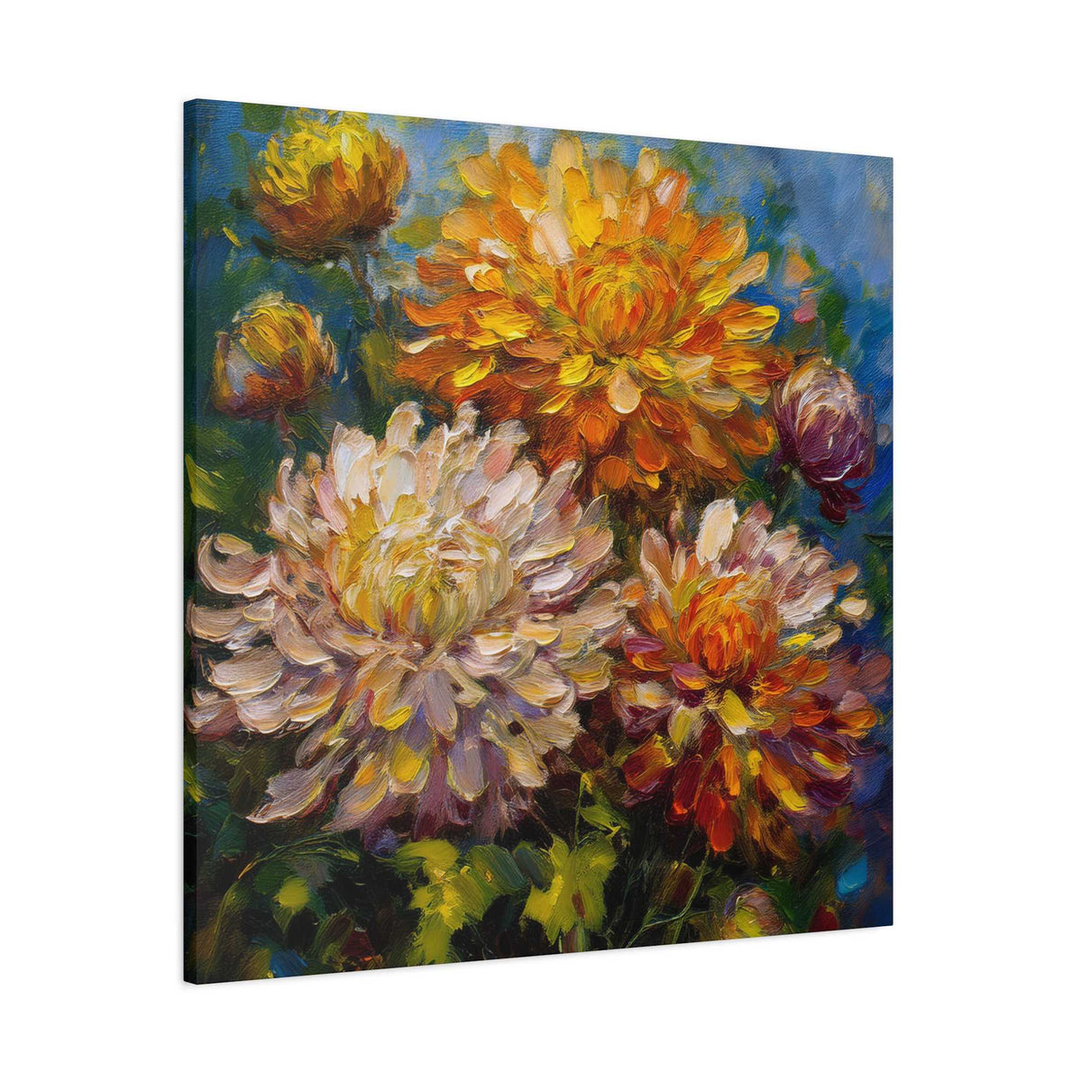 Chrysanthemums Print Canvas, Floral Oil Paint Print 20x20, 24x24, 30x30, 32x32, 36x36 Art Design Pine-Wood Inner Frame MC-156
