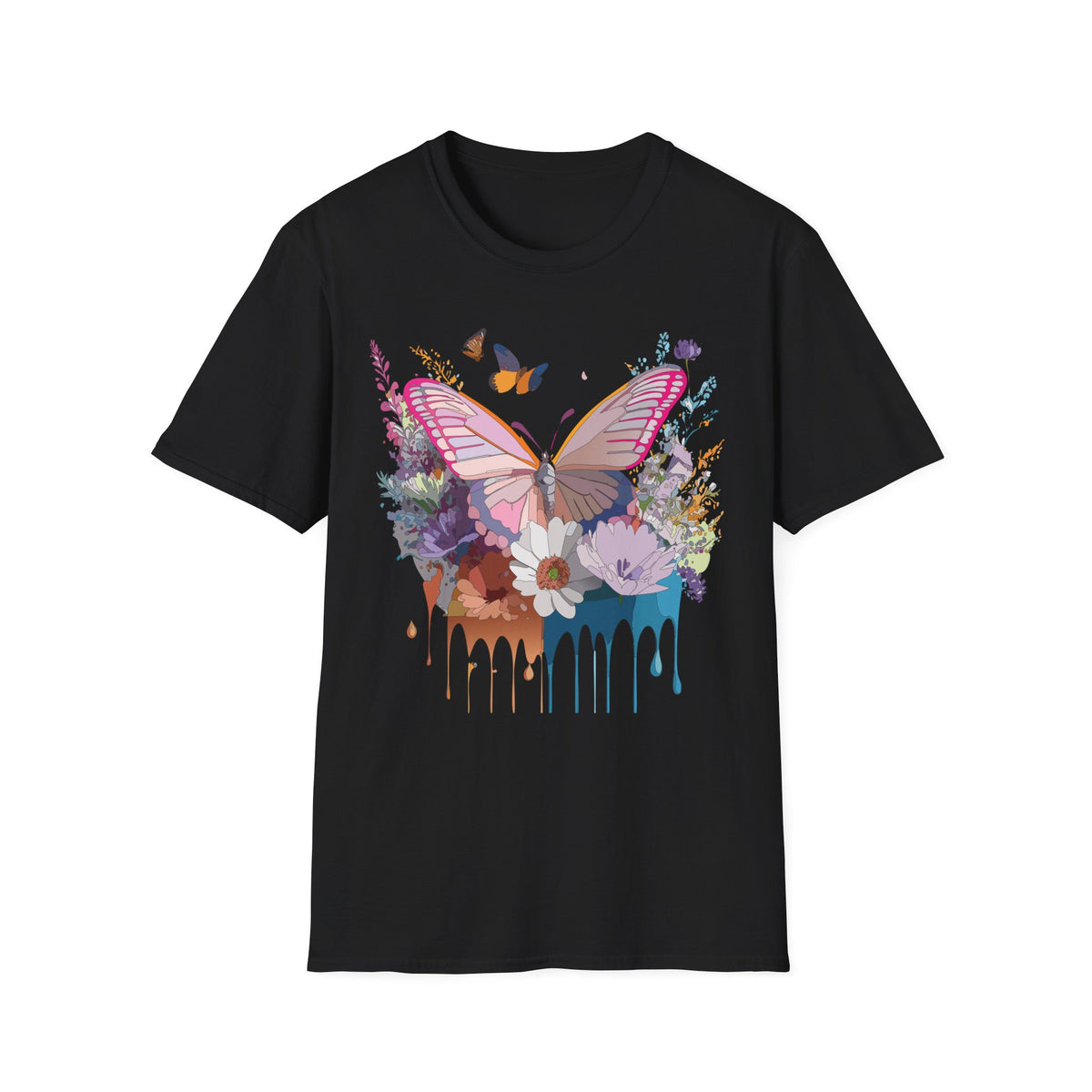 Butterfly Floral T-Shirt — Colorful Drip Wings Graphic Tee Unisex 100 Cotton Gildan T-Shirt