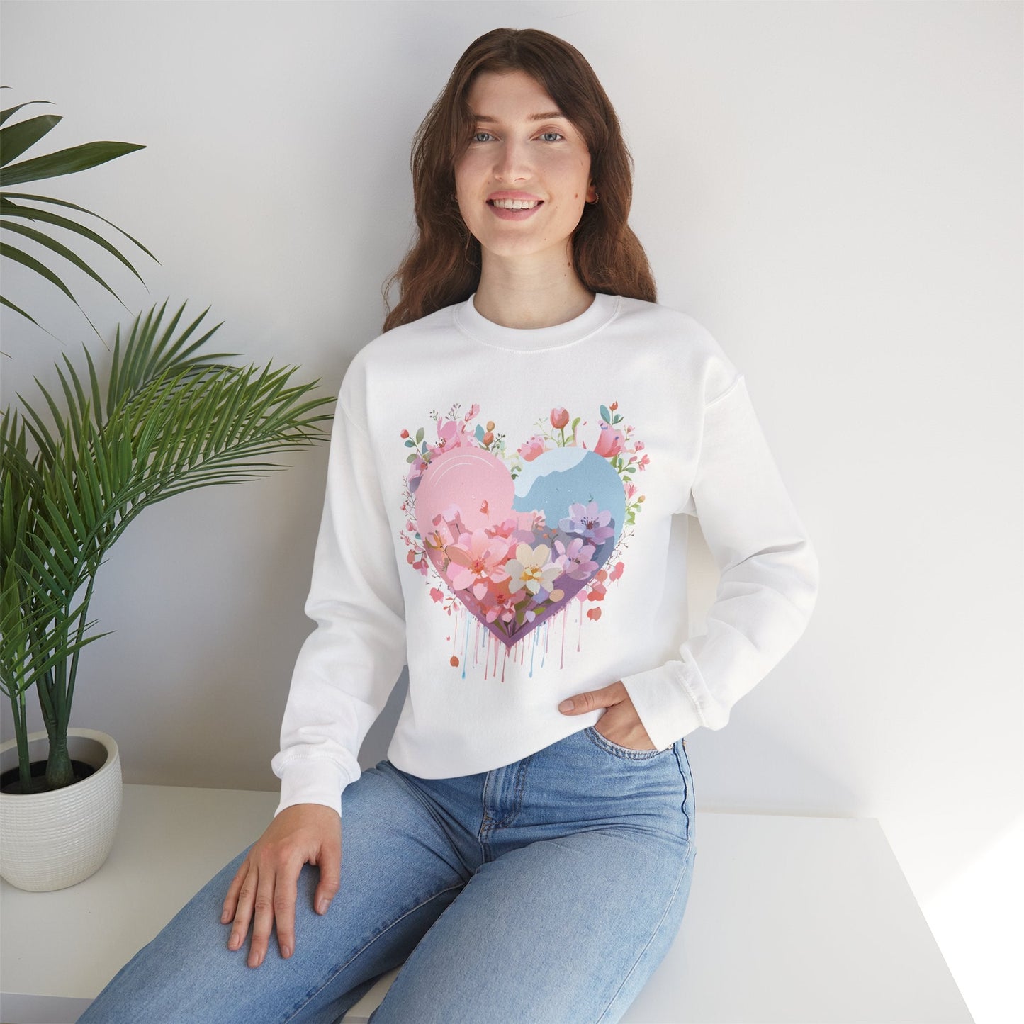 Floral Heart Sweatshirt Unisex Valentine Day Crewneck Gildan 18000 Heavy Blend Winter Wear