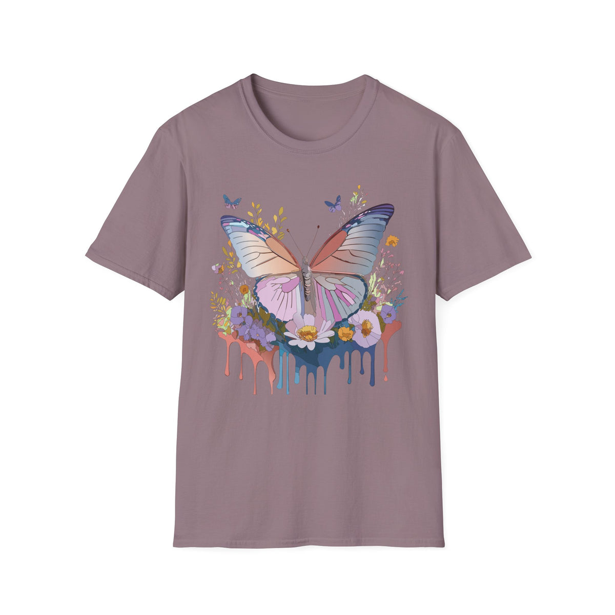 Butterfly Floral T-Shirt — Pastel Watercolor Wings with Drip Art Graphic Tee Unisex 100 Cotton Gildan T-Shirt