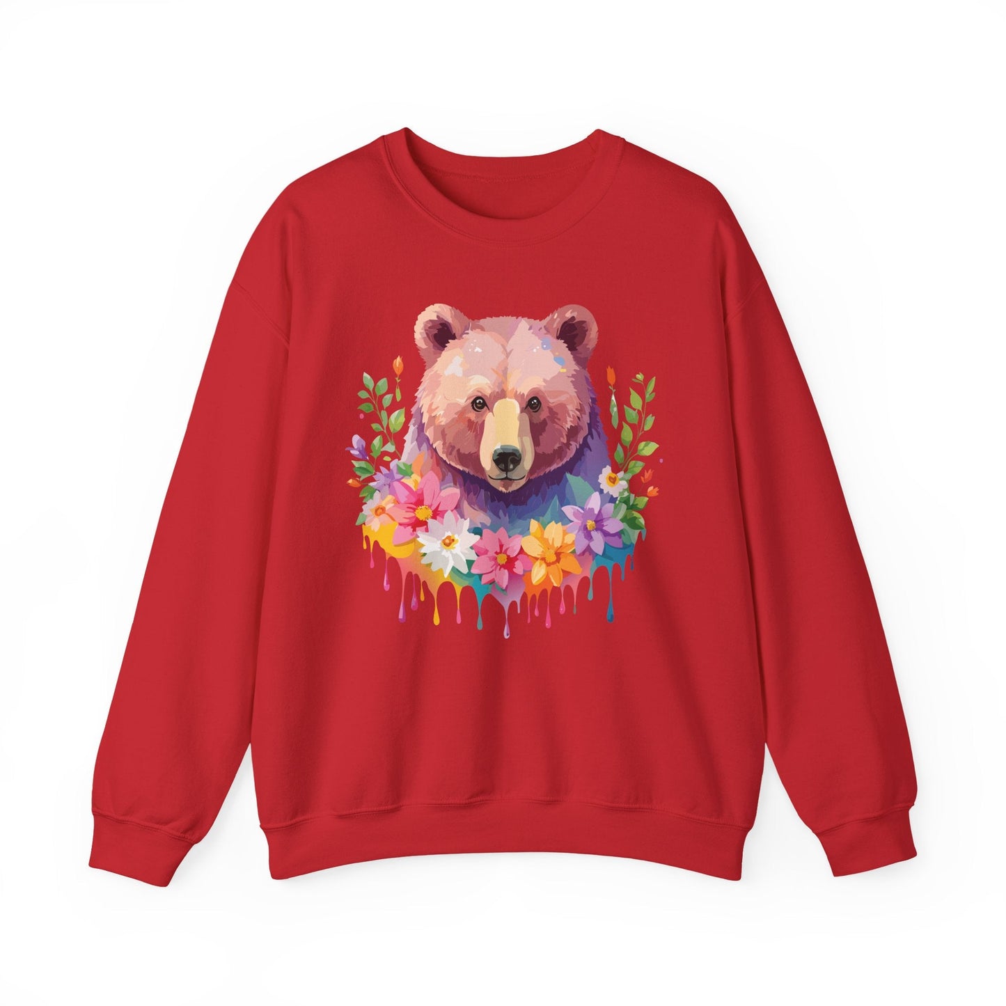 Unisex Floral Bear Sweatshirt Art Design Animals Sweatshirt Cozy Cotton Blend