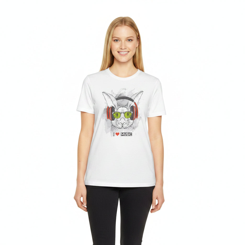 Music Bunny T-Shirt Unisex Cotton Short Sleeves I Love Music Rabbit with Headphones Graphic Tee