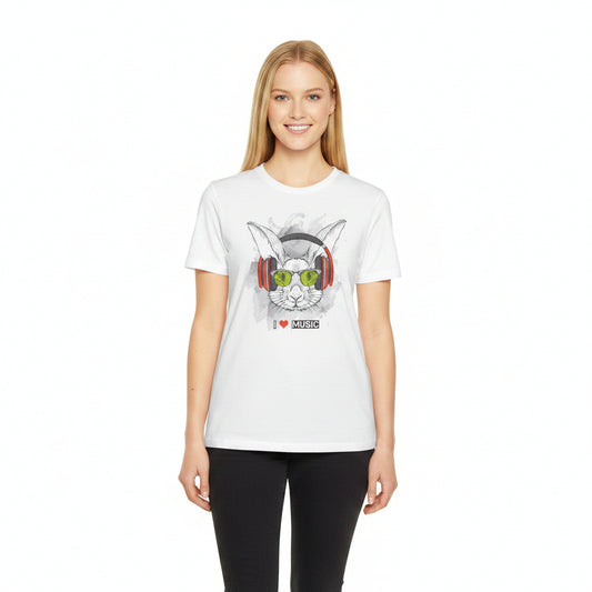 Music Bunny T-Shirt Unisex Cotton Short Sleeves I Love Music Rabbit with Headphones Graphic Tee