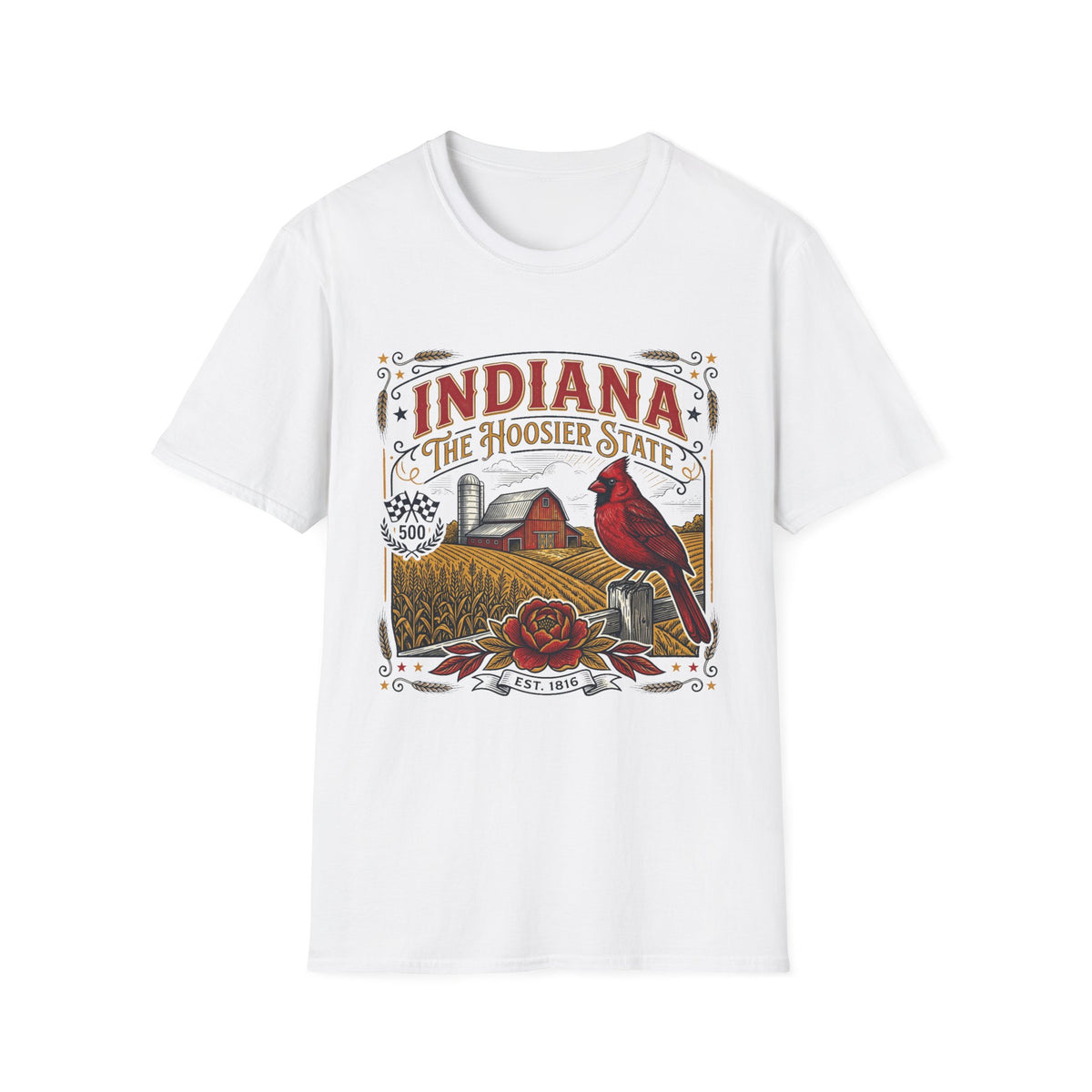 Indiana The Hoosier State T-Shirt — Farm Vintage Travel Tourist Graphic Design Unisex 100 Cotton Gildan T-Shirt